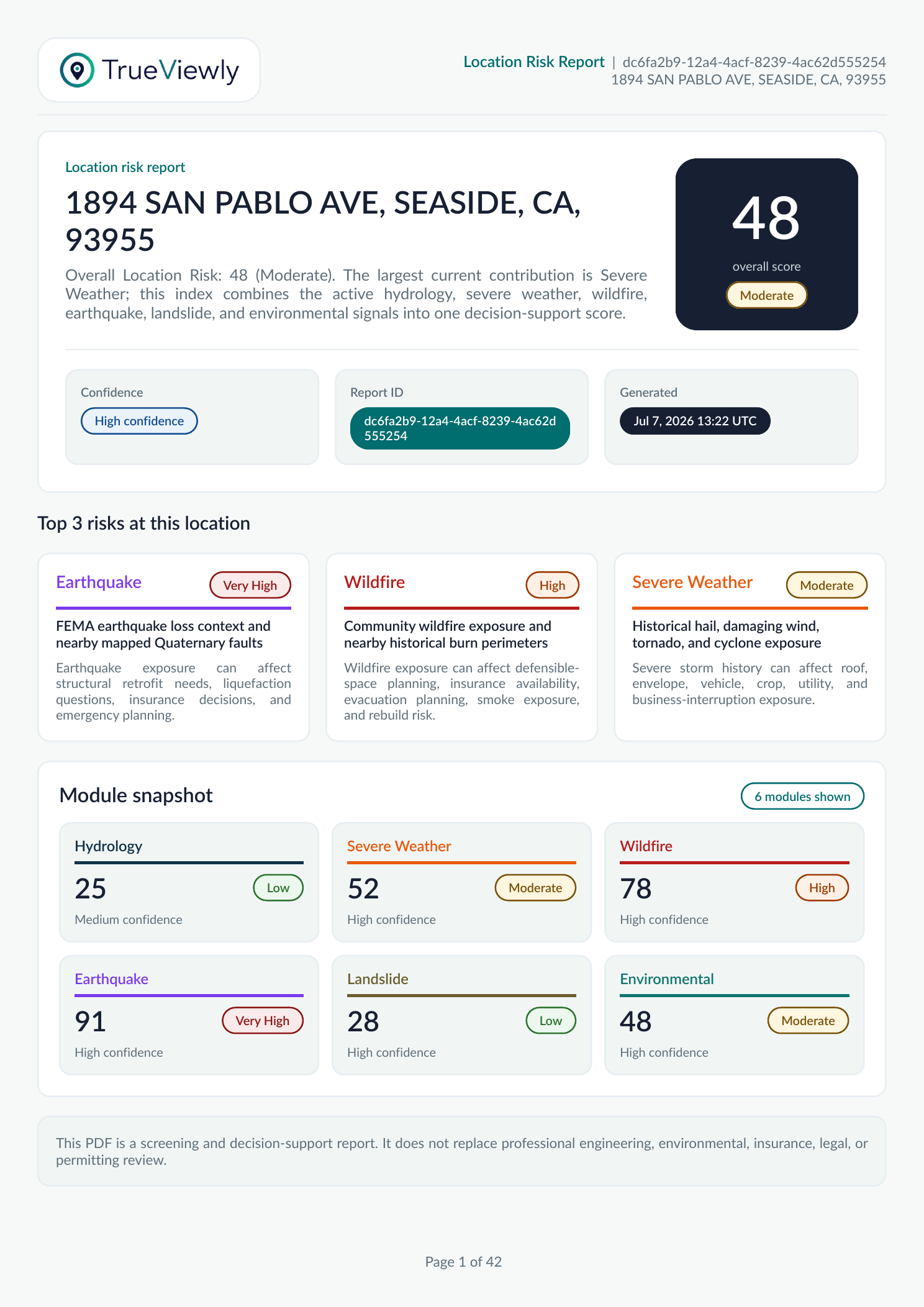TrueViewly sample report cover page showing overall location risk, top three risks, and module snapshot