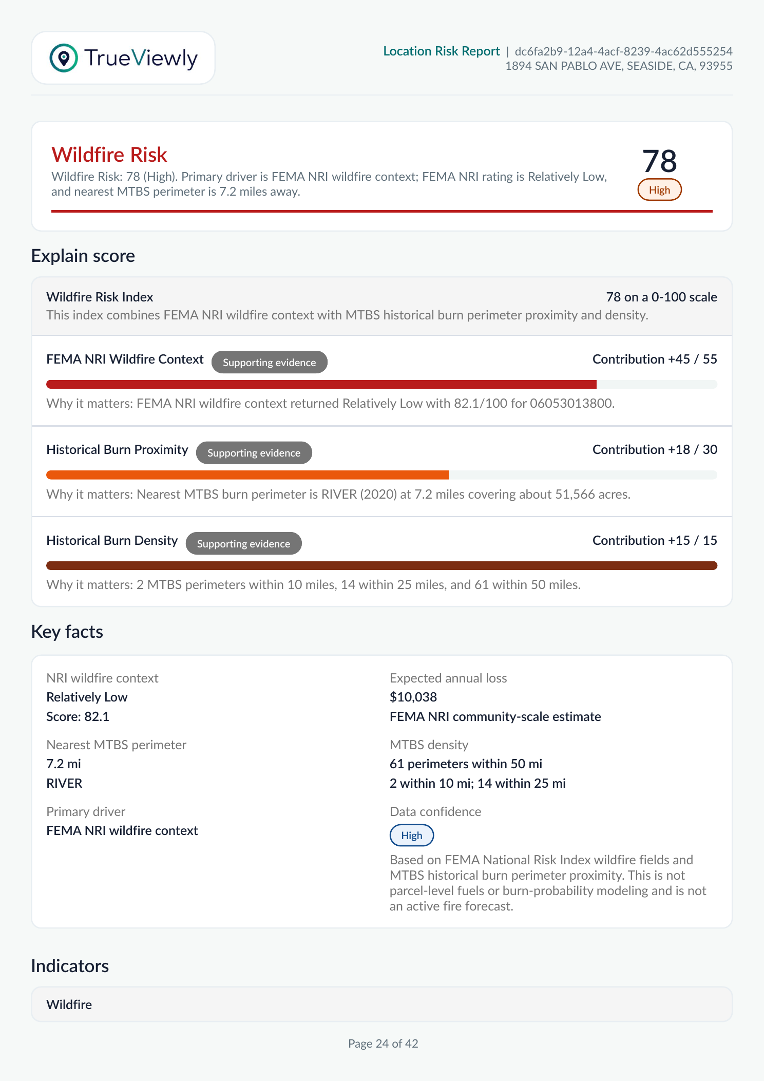 Sample report wildfire risk page