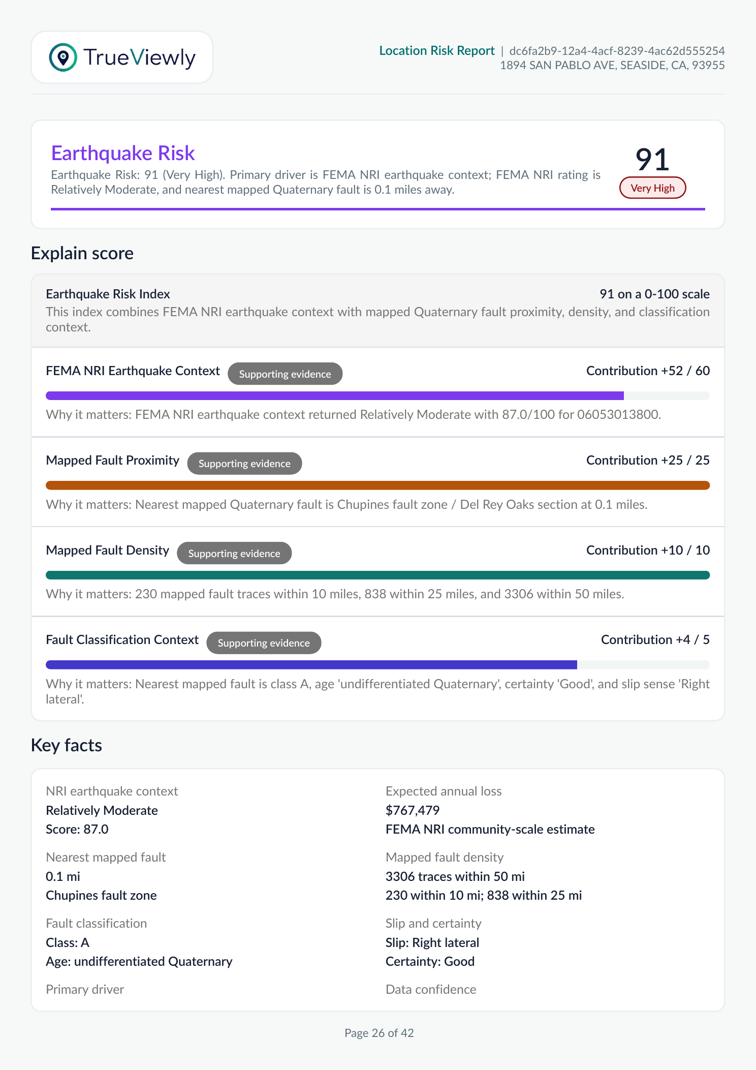 Sample report earthquake risk page