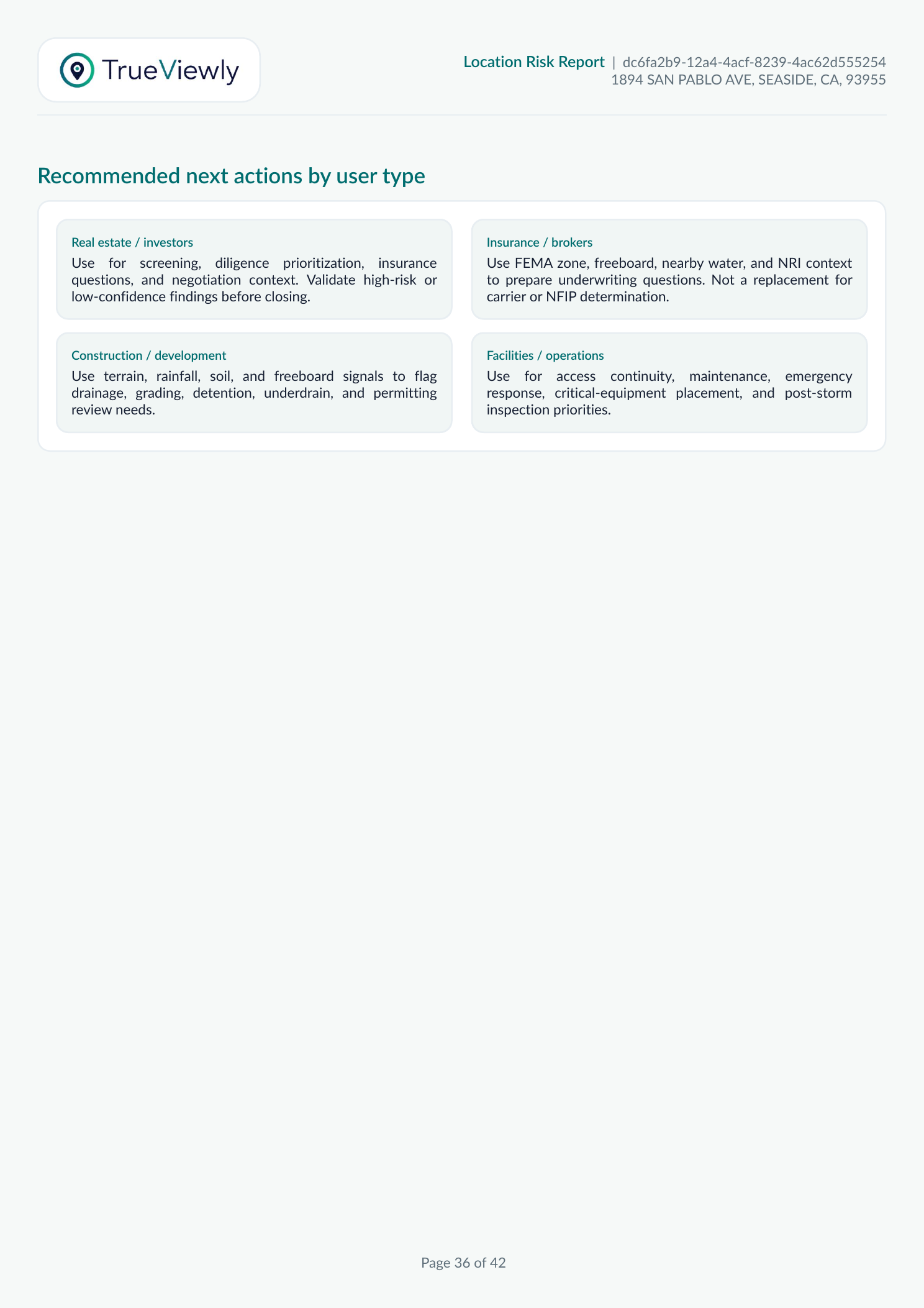 Sample report page with recommended next actions by user type