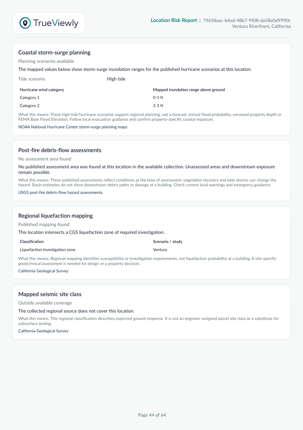 Report page 44 showing hurricane surge ranges, no post-fire assessment match and a liquefaction investigation zone