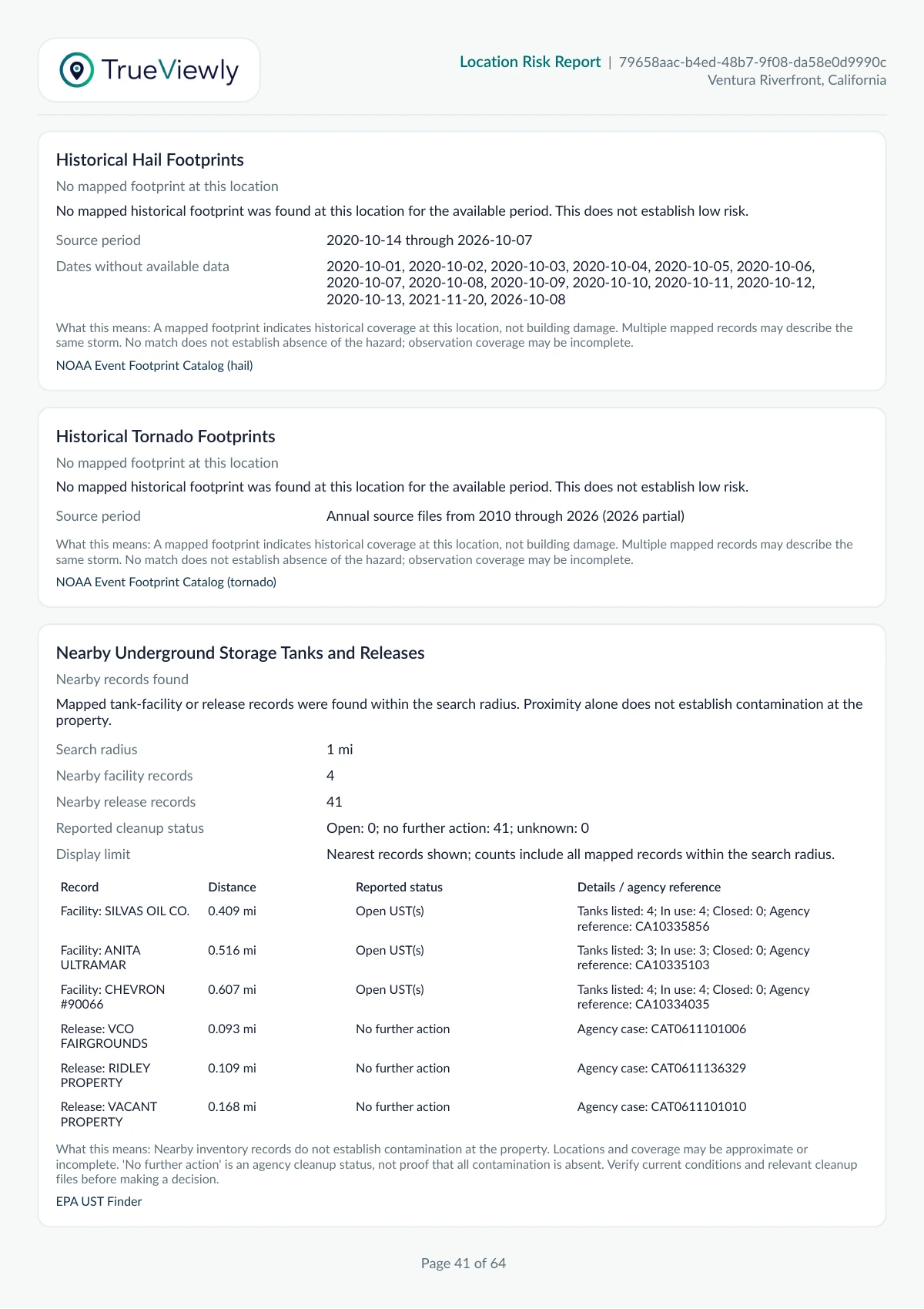 Report page 41 showing nearby underground tank and release records with cleanup-status limitations